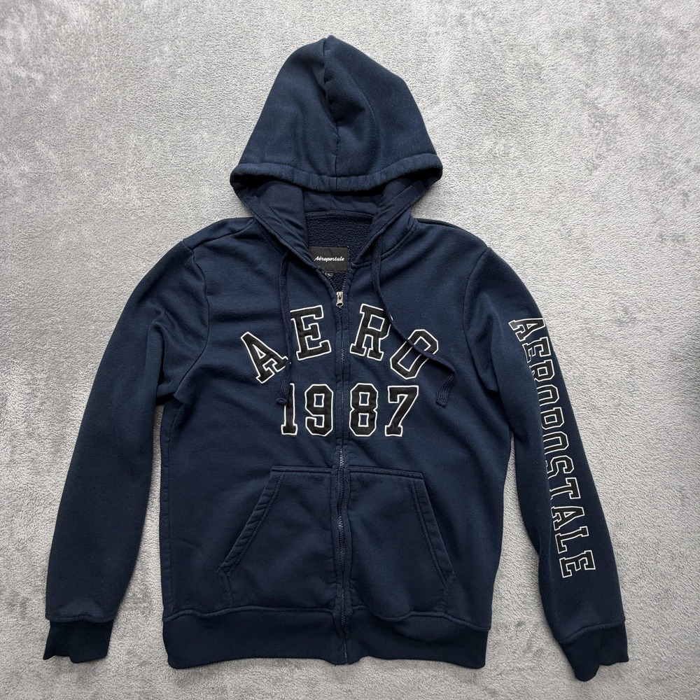 Aeropostale Hoodie Mens L Blue Full Zip Hooded Lined Fleece Embroidered Logo
